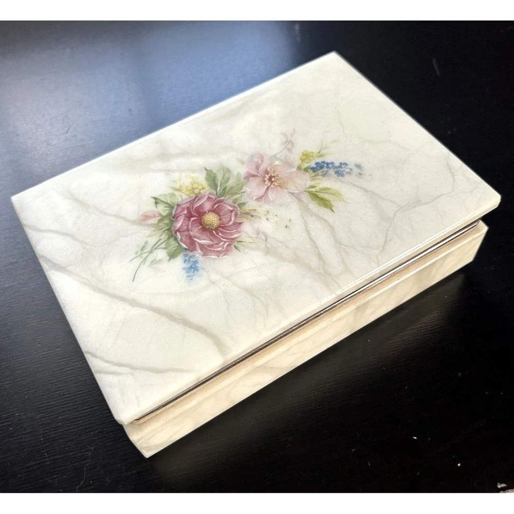 Vintage Italian Alabaster Stone Floral Trinket Jewelry Box Handcrafted 6x4